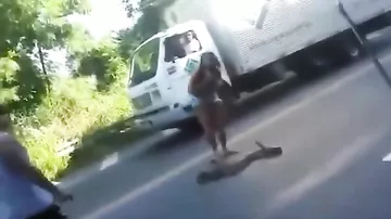 Храбрая бразильянка поймала и унесла перекрывшую дорогу анаконду